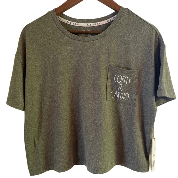 RAE DUNN Heather Green Cropped Graphic On Pocket Workout T Shirt Size Medium - Picture 2 of 7